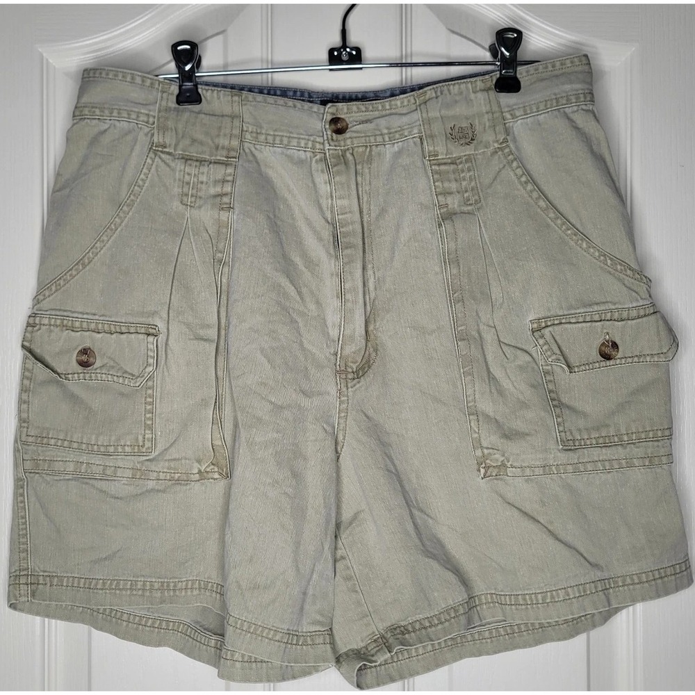 Vintage Givenchy Mens Beige Cotton Canvas Cargo Shorts Flat Front Pockets Button